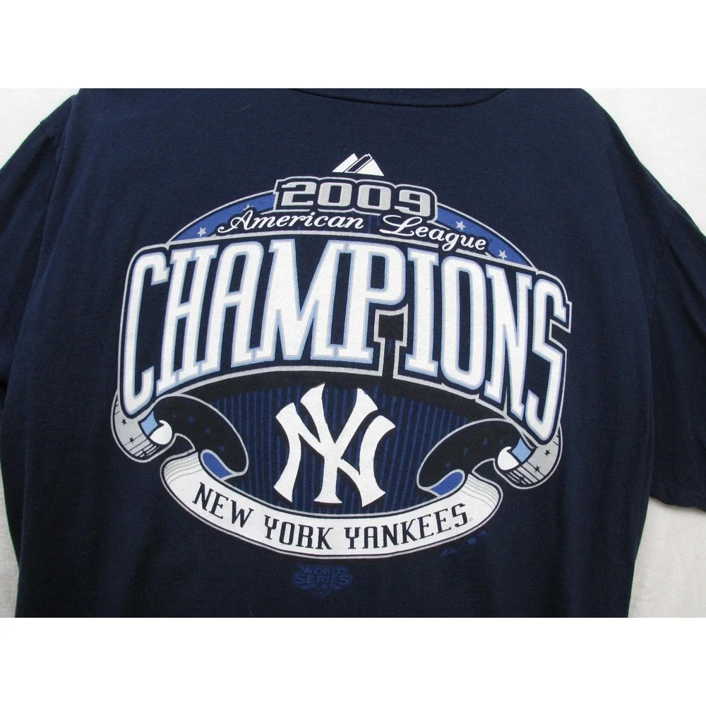 New York‎ Yankees Shirt Mens Large Blue MLB Baseball 2009 AL Champions Majestic